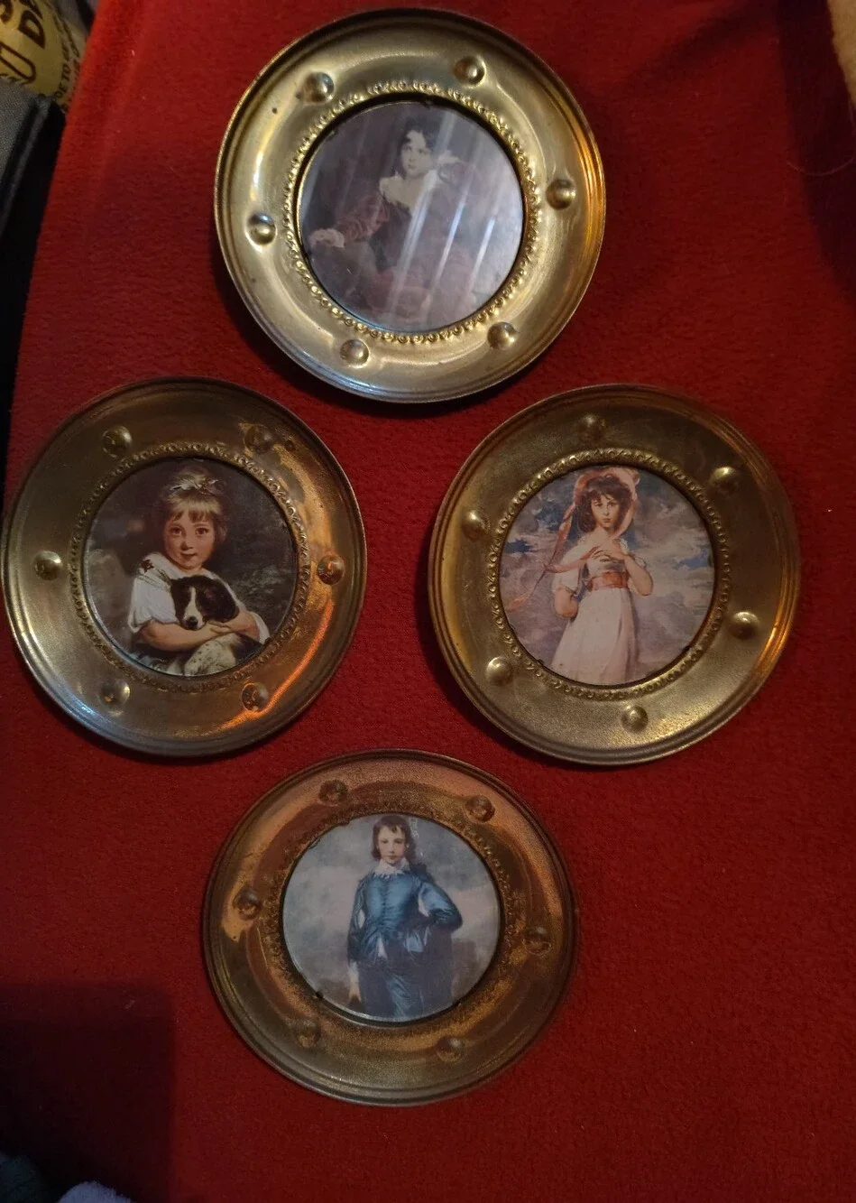 Brass-Toned Decorative Wall Plaques with Vintage Portrait Inserts - Gold